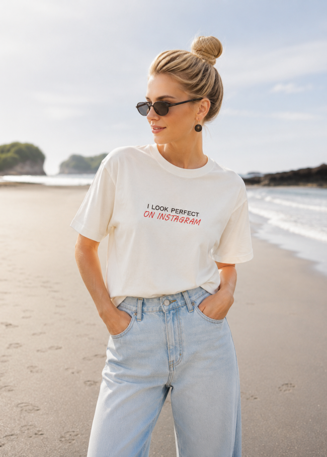Футболка oversize зі спущеним плечем та принтом "I LOOK PERFECT ON INSTAGRAM"