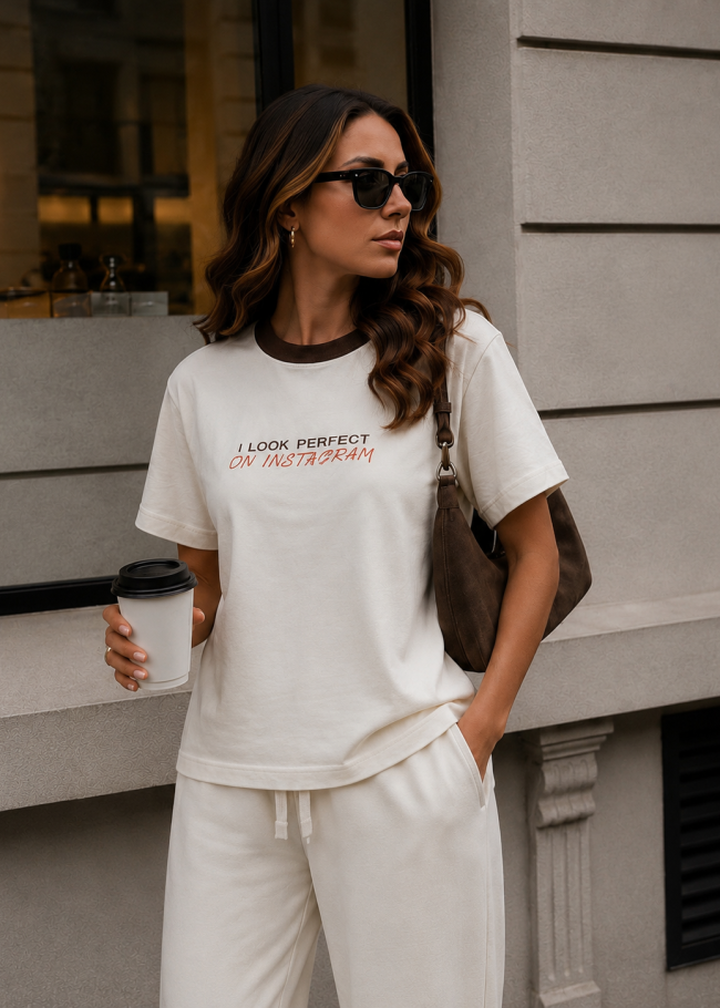 Футболка oversize зі спущеним плечем та принтом "I LOOK PERFECT ON INSTAGRAM"